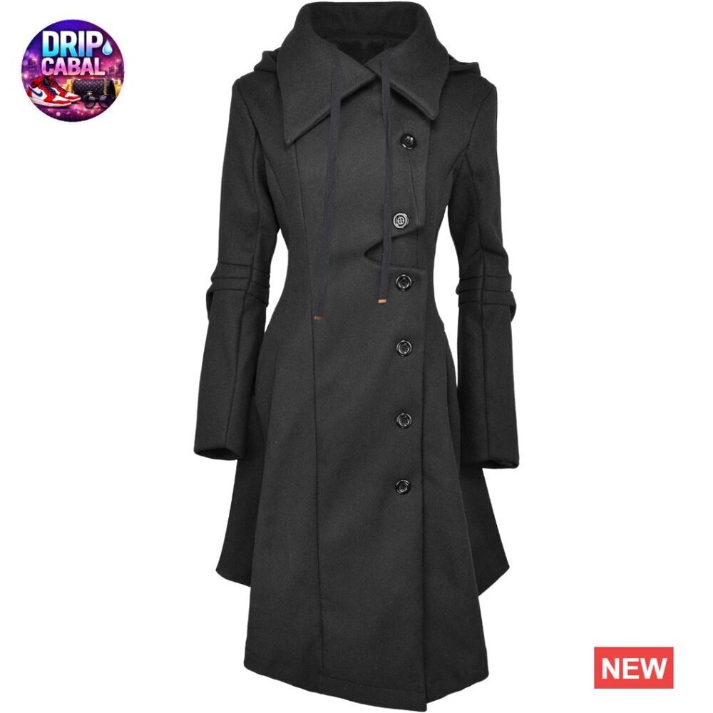 Long Wool Trench Pea Coat Goth Victorian Style Hooded Winter Outerwear